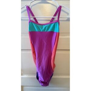 Speedo‎ Color Block One Piece Swimsuit Women Teal Pink Purple Athletic Swim 36